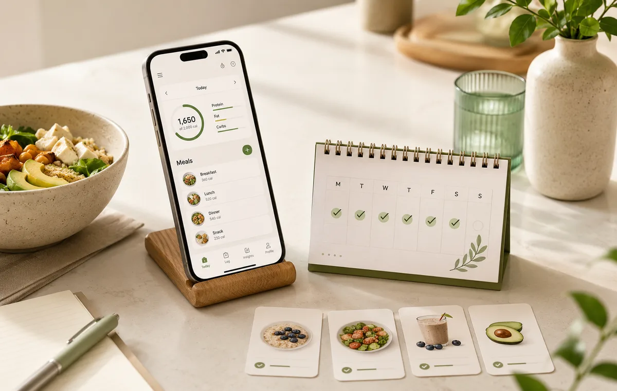 Phone meal log beside a weekly consistency calendar and logged meal cards