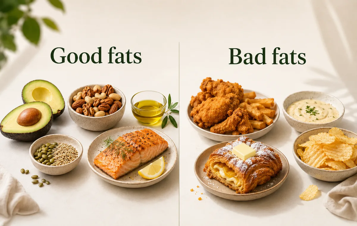 Good fats and bad fats shown in a side by side comparison
