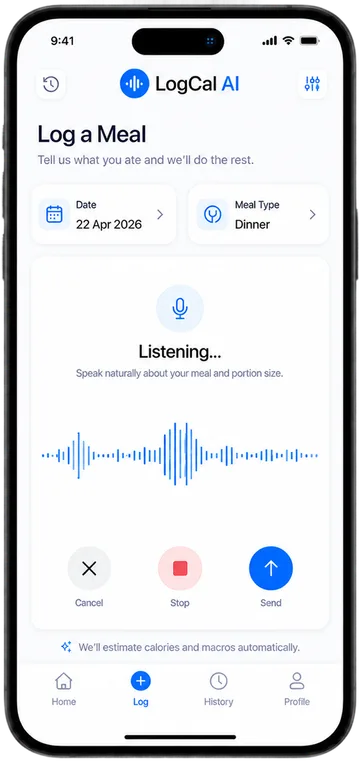 LogCal AI voice meal logging screen listening to a meal description