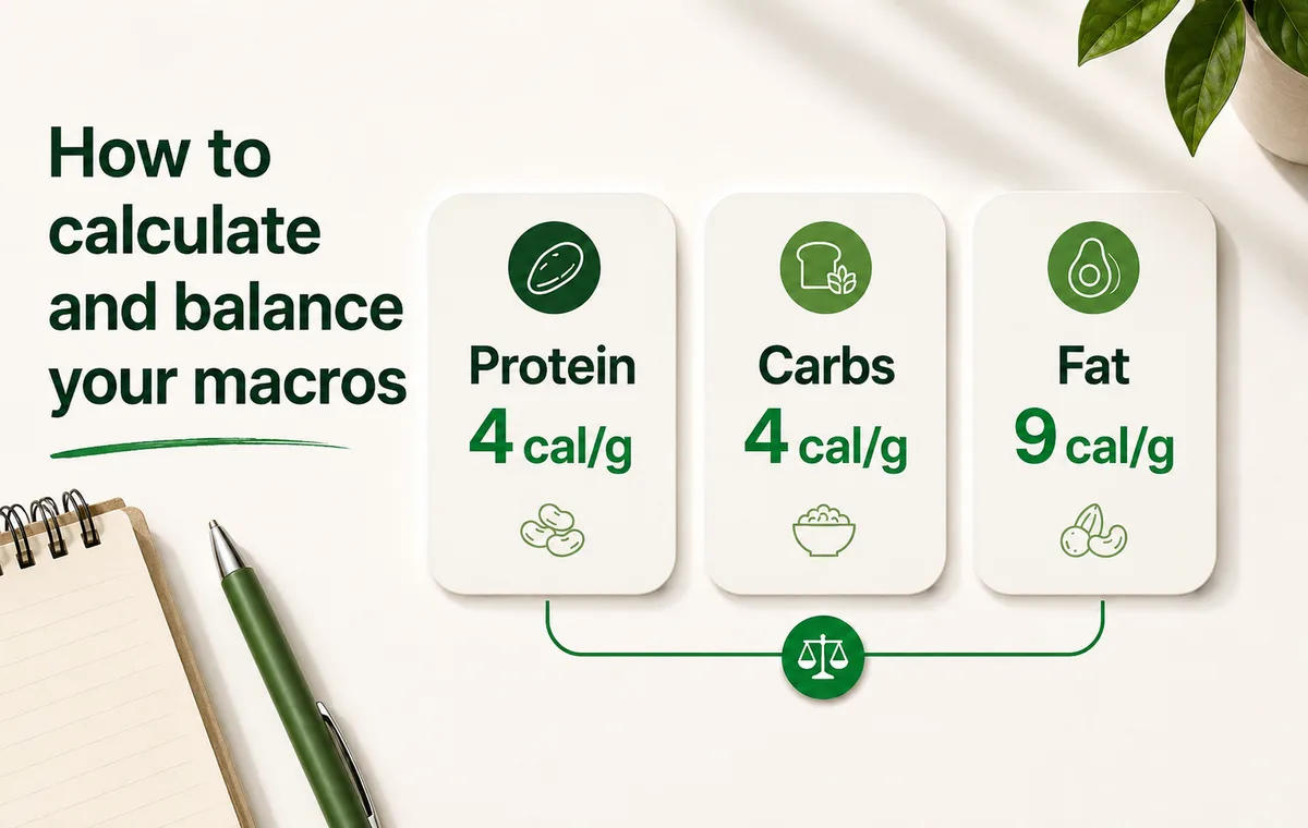 Macro balance guide showing protein, carbs, and fat calorie values