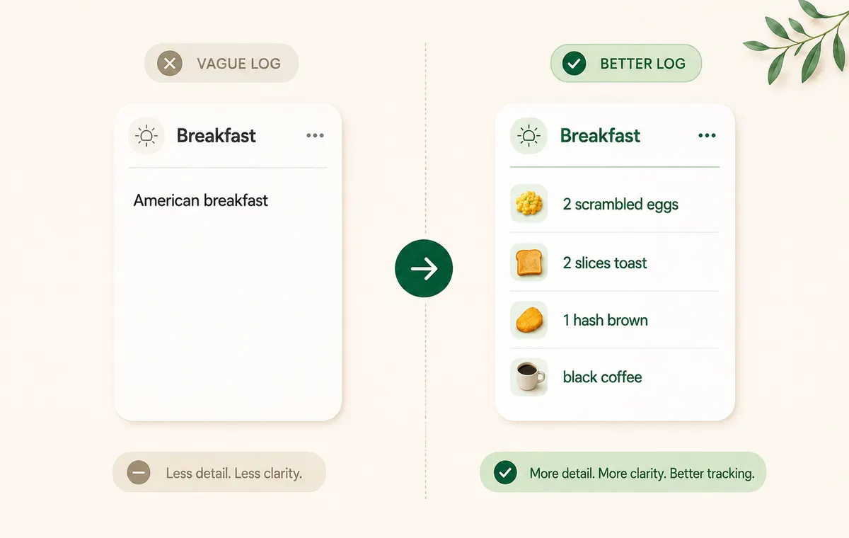 Example of a vague food log becoming a more detailed calorie tracking entry