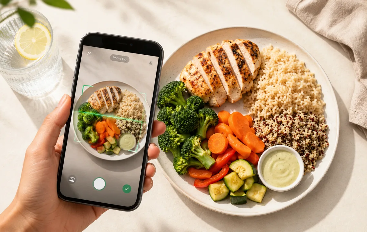 Phone camera scanning a balanced meal plate for photo calorie tracking