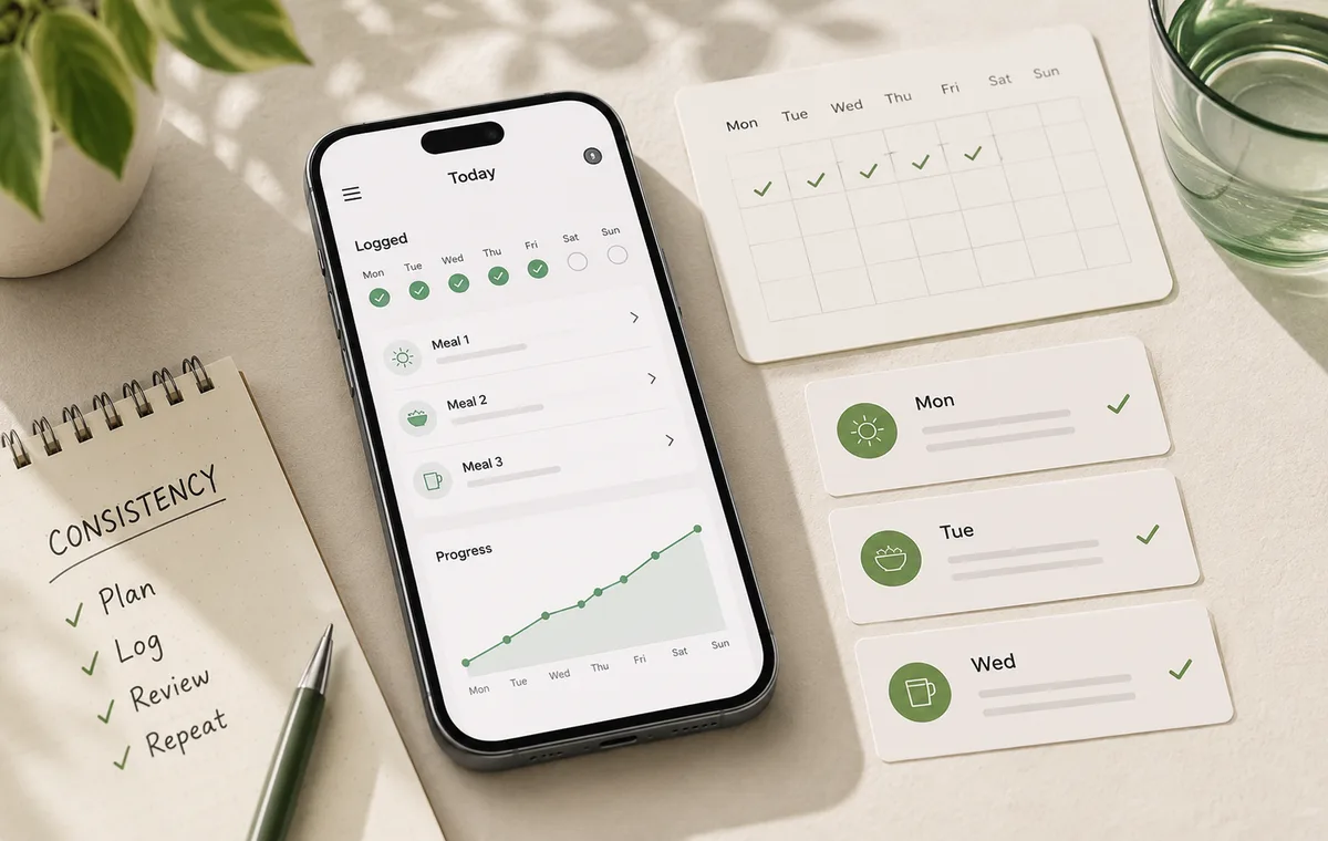 Consistent calorie tracking routine shown with meal logs, weekly checks, and a progress chart