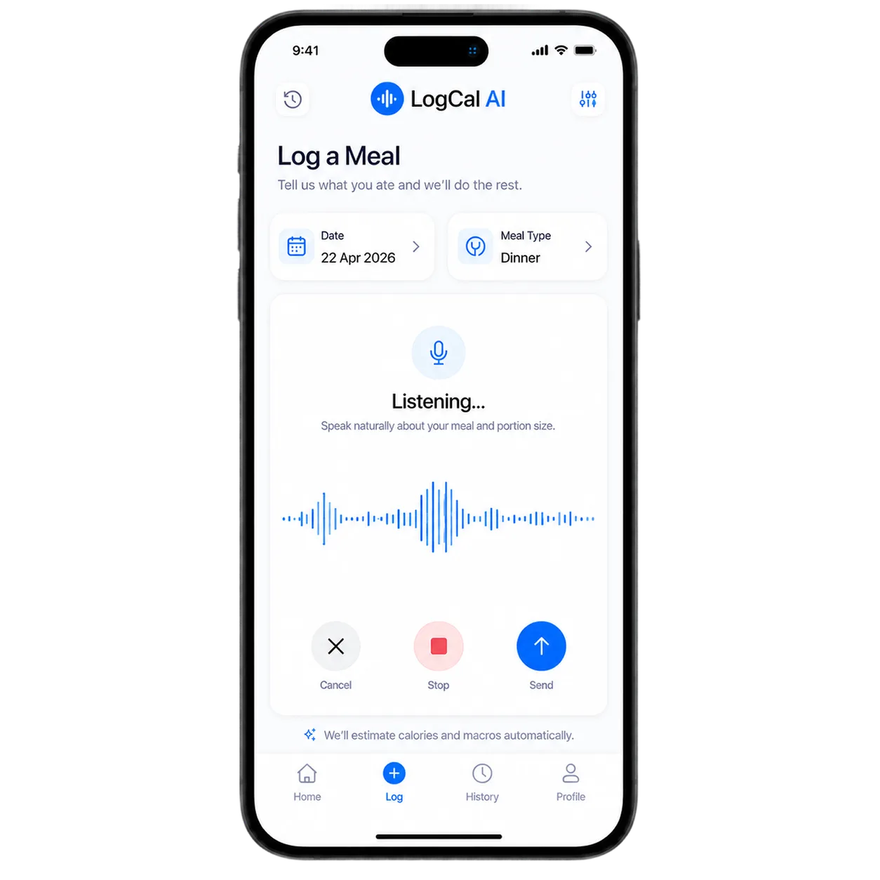 LogCal voice meal logging screen